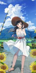 Rule 34 | 1girl, :d, absurdres, black hair, blue eyes, blue sky, cloud, collarbone, commentary request, day, dress, full body, hat, highres, long hair, mountain, open mouth, original, outdoors, railroad crossing, rice paddy, sakatsuki yakumo, scenery, shadow, sky, sleeveless, sleeveless dress, smile, solo, standing, straw hat, summer, white dress