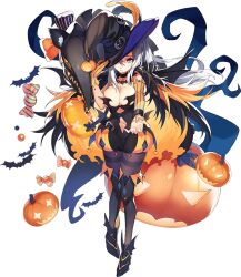 Rule 34 | 1girl, animal ears, bat ears, breasts, candy, cleavage, detached sleeves, fake animal ears, food, full body, gloves, halloween costume, hat, iron saga, large breasts, linda (iron saga), long hair, official alternate costume, official art, orange gloves, pantyhose, pumpkin, purple eyes, single glove, solo, third-party source, transparent background, white hair, witch hat