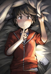Rule 34 | 1girl, alternate costume, brown eyes, brown hair, index finger raised, jacket, kantai collection, looking at viewer, lying, miyuki (kancolle), pants, red jacket, red pants, sakura (medilore), searchlight, short hair, sleeves rolled up, solo, track jacket, track pants, track suit, under covers