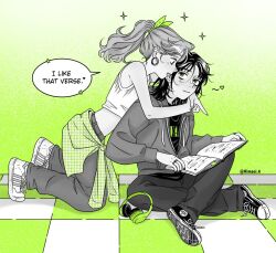 Rule 34 | 2girls, arms around neck, band shirt, checkered floor, clothes around waist, commentary, crop top, earrings, english commentary, english text, front-to-back, green eyes, green theme, hair ribbon, headphones, heads together, heart, highres, holding, holding notebook, hood, hood down, hoodie, hoop earrings, indian style, instagram username, jewelry, kimsei, kininatteru hito ga otoko ja nakatta, kneeling, koga mitsuki, light smile, long hair, looking at another, medium hair, merchandise, midriff, mole, mole under eye, multiple girls, multiple rings, nail polish, nirvana (band), notebook, oosawa aya, open mouth, pants, partially colored, pointing, ponytail, ribbon, ring, shirt, shirt around waist, shoes, sitting, sneakers, sparkle, speech bubble, star (symbol), tank top, wavy hair, yuri