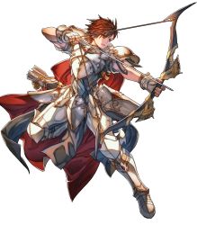 Rule 34 | 1boy, alternate costume, armor, armored boots, arrow (projectile), boots, bow (weapon), brown hair, cape, fingerless gloves, fire emblem, fire emblem: genealogy of the holy war, fire emblem: thracia 776, fire emblem heroes, full body, gloves, highres, hino shinnosuke, leif (fire emblem), male focus, nintendo, official art, orange eyes, quiver, solo, teeth, transparent background, weapon, white armor