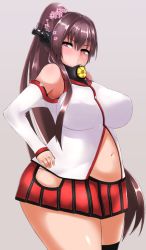 Rule 34 | 10s, 1girl, bare shoulders, belly, blush, breasts, brown hair, bursting belly, clothing cutout, fat, female focus, flower, hair flower, hair ornament, headpiece, hip vent, huge breasts, kantai collection, large breasts, long hair, looking at viewer, miniskirt, navel, navel cutout, oozon (ozon), plump, pout, red eyes, shoulder cutout, side cutout, single thighhigh, skirt, solo, thighhighs, undersized clothes, very long hair, wide hips, yamato (kancolle)