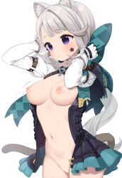 Rule 34 | 1girl, animal ears, bar censor, breasts, cat ears, cat girl, cat tail, censored, cleft of venus, closed mouth, commentary request, facial tattoo, genshin impact, gloves, grey hair, highres, long hair, lynette (genshin impact), medium breasts, muku (muku-coffee), navel, nipples, open clothes, open shirt, purple eyes, pussy, simple background, solo, star tattoo, tail, tattoo, white background, white gloves