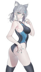 Rule 34 | 1girl, absurdres, animal ear fluff, animal ears, aqua eyes, aqua nails, armpit crease, ass, black one-piece swimsuit, black thighhighs, blue archive, breasts, cat ears, closed mouth, commentary, competition swimsuit, echj, feet out of frame, from behind, grey hair, hand up, highres, light blush, lips, medium breasts, nail polish, one-piece swimsuit, shiroko (blue archive), shiroko (swimsuit) (blue archive), short twintails, simple background, slit pupils, solo, swimsuit, thighhighs, thighs, twintails, twisted torso, white background