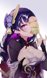 Rule 34 | 1girl, absurdres, blue flower, blush, braid, breasts, bridal gauntlets, cleavage, commentary request, dango, eyes visible through hair, flower, food, genshin impact, hair flower, hair ornament, haku89, highres, holding, holding food, japanese clothes, kimono, large breasts, licking, long hair, looking at viewer, milk, mitsudomoe (shape), mole, mole under eye, obi, open mouth, phallic symbol, purple eyes, purple hair, purple kimono, raiden shogun, sash, sexually suggestive, signature, simple background, solo, suggestive fluid, tassel, tomoe (symbol), tongue, tongue out, upper body, wagashi, white background