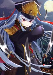 Rule 34 | 10s, 1girl, altair (re:creators), building, city, closed mouth, cloud, hat, highres, long hair, long sleeves, military, military uniform, moon, omelet tomato, re:creators, red eyes, sash, shako cap, silver hair, sky, solo, sword, uniform, weapon