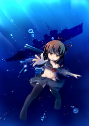 Rule 34 | 10s, 1girl, ahoge, asphyxiation, black thighhighs, brown eyes, brown hair, bubble, drowning, fang, hair ornament, ikazuchi (kancolle), kantai collection, looking at viewer, open mouth, reaching, reaching towards viewer, school uniform, serafuku, sinking, skirt, solo, submarine, thighhighs, torn clothes, torn thighhighs, tsubasa (abchipika), underwater, watercraft, wet, wet clothes, zettai ryouiki