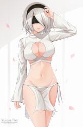 Rule 34 | 1girl, absurdres, arm up, artist name, black hairband, blindfold, blush, breasts, cleavage, commentary, commission, evolved virgin killer sweater, hairband, highres, kuroyamii, large breasts, lips, long sleeves, looking at viewer, medium breasts, meme attire, midriff, navel, nier:automata, nier (series), parted lips, pelvic curtain, petals, revealing clothes, short hair, signature, simple background, sleeves past wrists, solo, stomach, thighs, turtleneck, white hair, 2b (nier:automata)
