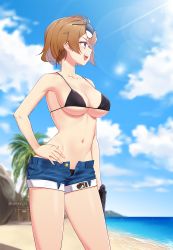 Rule 34 | 1girl, :d, armpits, bare arms, bare shoulders, beach, bikini, bikini under clothes, black bikini, blue sky, blurry, blurry background, blush, breasts, brown hair, cleavage, cloud, cloudy sky, collarbone, contrapposto, day, denim, denim shorts, depth of field, eyewear on head, girls&#039; frontline, grizzly mkv (girls&#039; frontline), groin, gun, hand on own hip, highres, holding, holding gun, holding weapon, horizon, l.a.r. manufacturing, lar grizzly win mag, lens flare, light rays, looking away, medium breasts, narynn, navel, ocean, open fly, open mouth, outdoors, palm tree, profile, purple eyes, short hair, short shorts, shorts, sidelocks, sky, smile, solo, standing, stomach, sunbeam, sunglasses, sunglasses on head, sunlight, swimsuit, teeth, tree, twitter username, upper teeth only, water, weapon