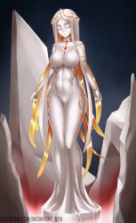 Rule 34 | 1girl, blonde hair, bracelet, breasts, chest jewel, circlet, colored eyelashes, colored inner hair, colored skin, dress, closed eyes, gold trim, highres, jewelry, large breasts, long dress, long hair, midnight (banyex), monster girl, multicolored hair, navel, no nipples, original, petrification, solo, standing, two-tone hair, very long hair, watermark, web address, white hair, white skin