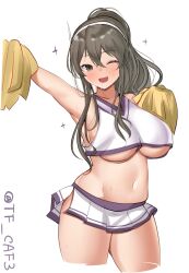 Rule 34 | 1girl, alternate costume, armpits, arms up, ashigara (kancolle), blush, breasts, brown eyes, brown hair, cheerleader, commentary request, cowboy shot, cropped legs, hairband, kantai collection, large breasts, long hair, looking at viewer, midriff, navel, one-hour drawing challenge, one eye closed, open mouth, pleated skirt, pom pom (cheerleading), ponytail, simple background, skirt, smile, solo, tf cafe, twitter username, underboob, white background, white hairband