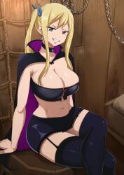 Rule 34 | 1girl, blonde hair, breasts, cape, choker, cleavage, crossed legs, earrings, fairy tail, fang, fangs, female focus, garter straps, grin, hair ornament, halloween, halloween costume, highres, jewelry, large breasts, looking at viewer, lucy heartfilia, midriff, sitting, skimpy, skimpy clothes, skirt, smile, solo, stomach, teeth, the amazing gambit, thick thighs, thighhighs, thighs