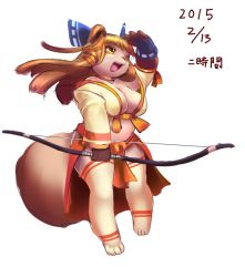 Rule 34 | 1girl, barefoot, bow, breasts, brown hair, female focus, full body, furry, furry female, long hair, ni jikan, open mouth, raccoon, simple background, solo, weapon, white background
