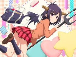 Rule 34 | 1girl, arrow background, bag, cardigan, cellphone, checkered background, demon girl, demon horns, demon tail, demon wings, earphones, floating, gabriel dropout, hair ornament, hairclip, heart, highres, horns, ishida seito, long sleeves, looking back, notebook, panda, pen, pencil case, phone, pleated skirt, polearm, purple eyes, purple hair, school bag, school uniform, skirt, smile, solo, star (symbol), tail, topknot, trident, vignette tsukinose april, weapon, wings, x hair ornament
