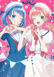 2girls ;d absurdres alternate_hairstyle artist_name beret blue_dress bow bowtie commentary cut_bangs dress dress_bow enishidayuu grin hat heart heart_hands highres hirogaru_sky!_precure long_hair looking_at_viewer low_twintails matching_outfits medium_dress medium_hair multiple_girls nijigaoka_mashiro one_eye_closed open_mouth precure red_bow red_bowtie sailor_collar sailor_dress side-by-side signature single_sidelock smile sora_harewataru standing string_of_flags twintails white_dress white_hat white_sailor_collar