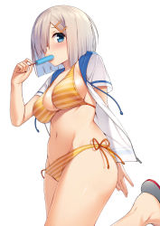 Rule 34 | 10s, 1girl, arm behind back, bare legs, bikini, blue eyes, blush, breasts, cleavage, collarbone, eating, food, from below, groin, hair ornament, hair over one eye, hairclip, halterneck, hamakaze (kancolle), kantai collection, large breasts, leg up, mikazuchi zeus, navel, open clothes, open shirt, orange bikini, popsicle, sandals, shirt, short hair, short sleeves, silver hair, simple background, sketch, solo, standing, standing on one leg, striped bikini, striped clothes, swimsuit, white background, white shirt