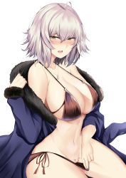 Rule 34 | 1girl, absurdres, ahoge, anchor necklace, bare shoulders, bikini, bikini pull, black jacket, blue jacket, blush, breasts, brown bikini, cape, censored, cleavage, clothes pull, collarbone, commentary, deroo, fate/grand order, fate (series), female pubic hair, flashing, fur-trimmed jacket, fur collar, fur trim, groin, hair between eyes, half-closed eyes, halterneck, hand up, highres, jacket, jeanne d&#039;arc (fate), jeanne d&#039;arc alter (avenger) (fate), jeanne d&#039;arc alter (fate), jewelry, large breasts, long sleeves, looking at viewer, midriff, mosaic censoring, navel, necklace, o-ring, o-ring bikini, o-ring top, open clothes, open jacket, open mouth, pubic hair, pulling own clothes, pussy, seiza, short hair, side-tie bikini bottom, sideboob, silver hair, simple background, sitting, stomach, swimsuit, white background, yellow eyes