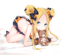 Rule 34 | 1girl, abigail williams (emerald float) (fate), abigail williams (fate), alternate hairstyle, bare shoulders, bed sheet, bikini, black bikini, black bow, black scrunchie, blonde hair, blue eyes, blush, bow, breasts, closed mouth, collarbone, commentary, double bun, emerald float, fate/grand order, fate (series), forehead, frilled bikini, frills, hair bow, hair bun, highres, hip focus, holding, holding stuffed toy, long hair, looking at viewer, official alternate costume, orange bow, parted bangs, polka dot, polka dot bow, scrunchie, side bun, sidelocks, silver (chenwen), simple background, small breasts, smile, solo, stuffed animal, stuffed toy, swimsuit, symbol-only commentary, teddy bear, thighs, very long hair, white background, wrist scrunchie