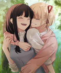 Rule 34 | 2girls, absurdres, black hair, blonde hair, blurry, blurry background, blurry foreground, blush, chxoswolf, clenched teeth, closed eyes, collar, commentary, dress, english commentary, frilled collar, frills, grass, grey dress, hair ribbon, highres, hood, hoodie, hug, hug from behind, inoue takina, long hair, long sleeves, lycoris recoil, multiple girls, nature, nishikigi chisato, one side up, open mouth, pinafore dress, pink hoodie, puffy sleeves, red ribbon, ribbon, shirt, short hair, sidelocks, signature, sleeveless, sleeveless dress, smile, teeth, upper body, upper teeth only, white shirt, yuri