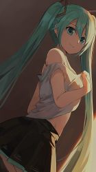 Rule 34 | 1girl, aqua eyes, aqua hair, bare shoulders, black skirt, closed mouth, commentary, cowboy shot, from below, from side, grey shirt, hair between eyes, hair ornament, hatsune miku, highres, hiroki (yyqw7151), long hair, looking at viewer, looking to the side, midriff, miniskirt, pleated skirt, shirt, sidelighting, skirt, sleeveless, sleeveless shirt, smile, solo, twintails, undressing, very long hair, vocaloid, white shirt