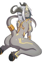 Rule 34 | 1girl, absurdres, ass, bad id, bad twitter id, breasts, colored sclera, completely nude, distr, draenei, facial mark, forehead mark, from behind, highres, hooves, horns, kneeling, large breasts, lightforged draenei, long hair, looking at viewer, looking back, monster girl, nude, parted lips, simple background, solo, tail, tail ornament, tail ring, warcraft, white background, white eyes, white hair, world of warcraft, yellow sclera