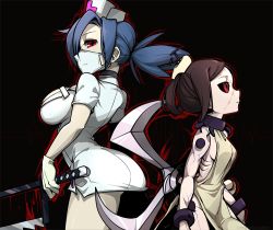 Rule 34 | + +, 2girls, ass, back-to-back, black sclera, blood, blue hair, breasts, brown hair, carol (skullgirls), choker, collar, colored sclera, dress, from side, gloves, hacksaw, hair rings, hat, height difference, hospital gown, huge weapon, large breasts, long hair, mask, mouth mask, multiple girls, nail, name tag, ng (kimjae737), nurse, nurse cap, outline, painwheel (skullgirls), pale skin, ponytail, red eyes, saw, short dress, short hair, side slit, sideboob, skullgirls, small breasts, surgical mask, valentine (skullgirls), veins, weapon, white gloves