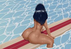 Rule 34 | 1girl, ass, backboob, black hair, breasts, chumerri, curvy, dark-skinned female, dark skin, disney, from behind, huge ass, lilo &amp; stitch, looking away, nude, ocean, solo, surfboard, wet