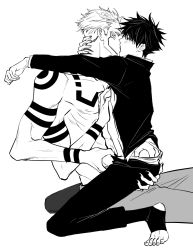Rule 34 | 2boys, arm tattoo, ass grab, black nails, blush, chest tattoo, extra arms, extra eyes, eye contact, feet, french kiss, fushiguro megumi, grabbing another&#039;s ass, hand on another&#039;s neck, highres, jacket, jujutsu kaisen, kiss, looking at another, makababazi, male focus, monochrome, multiple boys, nail polish, nipples, pants, ryoumen sukuna (jujutsu kaisen), school uniform, short hair, shoulder tattoo, sitting, sitting on person, spiked hair, stirrup legwear, tattoo, toeless legwear, topless male, undercut, yaoi