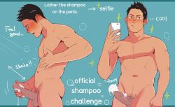 Rule 34 | 1boy, arrow (symbol), blue background, cellphone, completely nude, cowboy shot, english text, erection, foam, foreskin, male focus, male masturbation, masturbation, nipples, nude, original, penis, phimosis, phone, selfie, shampoo, shampoo challenge, simple background, smartphone, solo, sparkle, toned, toned male, uncensored, you&#039;re doing it wrong