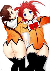 Rule 34 | 00s, 2girls, all fours, arisa glennorth, ass, blue eyes, bottomless, brown eyes, brown hair, derivative work, from behind, highres, katase shima, long hair, looking at viewer, lying, multiple girls, on back, presenting, pussy, red hair, thighhighs, tzoli, uchuu no stellvia, uniform