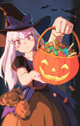 Rule 34 | 1girl, alternate costume, animal print, bat print, black dress, black hat, blush stickers, candy, closed mouth, collarbone, commentary, dress, english commentary, fingernails, fire emblem, fire emblem: three houses, food, green little, halloween, halloween bucket, halloween costume, hat, holding, lollipop, long hair, looking at viewer, lysithea von ordelia, multicolored clothes, multicolored dress, nail polish, nintendo, orange dress, pink eyes, pink nails, puffy short sleeves, puffy sleeves, purple dress, short sleeves, solo, white hair, witch, witch hat