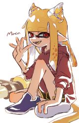 .96_gal_(splatoon) 1girl artist_name black_shorts blue_footwear blunt_bangs colored_tongue commentary_request dolphin_shorts fangs full_body hair_horns hair_ornament hand_up hood hood_down hoodie inkling inkling_girl inkling_player_character long_hair maco_spl mole mole_under_eye nintendo open_mouth orange_hair pointy_ears red_eyes red_hoodie short_sleeves shorts sidelocks simple_background solo splatoon_(series) splatoon_3 tentacle_hair thick_eyebrows white_background x_hair_ornament yellow_tongue