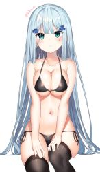 Rule 34 | 1girl, aqua eyes, bad id, bad pixiv id, bare arms, bare shoulders, bikini, black bikini, black thighhighs, blue hair, blush, breasts, cleavage, closed mouth, collarbone, cross hair ornament, facial mark, frown, girls&#039; frontline, hair ornament, halterneck, hands on own thighs, highres, hk416 (girls&#039; frontline), invisible chair, large breasts, long hair, looking at viewer, navel, side-tie bikini bottom, simple background, sitting, solo, stomach, swimsuit, thighhighs, twitter username, very long hair, white background, yaya (yayaa 00)