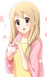Rule 34 | 1girl, atu, bad id, bad pixiv id, blonde hair, blue eyes, collarless shirt, commentary request, flower (symbol), hair ornament, hair tie, head tilt, highres, holding, holding teapot, k-on!, kotobuki tsumugi, light blush, light particles, long hair, looking at viewer, low twintails, open mouth, pink shawl, shawl, shirt, short sleeves, signature, simple background, smile, solo, standing, teapot, thick eyebrows, twintails, white background, yellow shirt