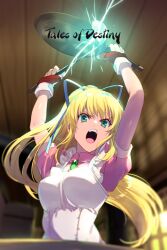 Rule 34 | 1girl, apron, blonde hair, blue eyes, breasts, dress, echo (circa), gloves, hair ribbon, ladle, lilith aileron, long hair, looking at viewer, medium breasts, open mouth, ponytail, ribbon, solo, tales of (series), tales of destiny