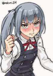 Rule 34 | 1girl, blouse, blush, brown eyes, clenched hand, commentary request, dress, grey hair, kantai collection, kasumi (kancolle), kasumi kai ni (kancolle), long hair, long sleeves, looking at viewer, maakun (makun dx), nose blush, one-hour drawing challenge, pinafore dress, shirt, side ponytail, simple background, sleeveless dress, solo, tears, twitter username, white background, white shirt