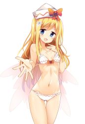 Rule 34 | 1girl, bikini, blonde hair, blue eyes, blush, bow, breasts, cowboy shot, eyebrows, fairy wings, flower, gluteal fold, hair flower, hair ornament, hat, highres, lily white, long hair, looking at viewer, maturiuta sorato, navel, open mouth, outstretched arm, outstretched hand, petite, red bow, simple background, small breasts, smile, solo, standing, swimsuit, team shanghai alice, thigh gap, touhou, white background, white bikini, wings