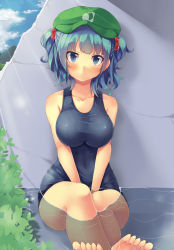 Rule 34 | 1girl, :&lt;, barefoot, blue eyes, blue hair, blush, breasts, feet, hair bobbles, hair ornament, hat, highres, kawashiro nitori, large breasts, matching hair/eyes, one-piece swimsuit, school swimsuit, short hair, sitting, solo, swimsuit, toes, touhou, twintails, two side up, v arms, yuki usagi (snowcanvas)