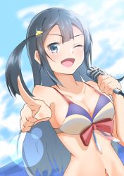 Rule 34 | 1girl, bikini, black hair, breasts, check commentary, cleavage, cloud, cloudy sky, commentary request, corocoro567, grey eyes, hair ornament, highres, holding, holding microphone, long hair, looking at viewer, love live!, love live! nijigasaki high school idol club, medium breasts, microphone, ocean, one eye closed, pointing, side ponytail, sidelocks, sky, smile, solo, swimsuit, upper body, yuki setsuna (love live!)