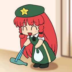 Rule 34 | 1girl, :d, bag, beret, blush, braid, chibi, closed eyes, commentary request, dress, full body, green dress, green hat, happy, hat, hat ornament, holding, holding bag, hong meiling, long hair, open mouth, picking trash, red hair, shirosato, side braid, smile, solo, star (symbol), star hat ornament, touhou, twin braids, very long hair, white bag