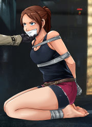 Rule 34 | 1girl, barefoot, bike shorts, black hair, blue eyes, bound, bound ankles, bound torso, bound wrists, breasts, brown hair, capcom, claire redfield, cleavage, feet, gag, gagged, hand on another&#039;s chin, highres, improvised gag, jewelry, legs, lost one zero, medium breasts, necklace, resident evil, resident evil 2, seiza, shirt, shorts, sitting, sleeveless, sleeveless shirt, tank top, tape, tape gag, taped eyes, thighs