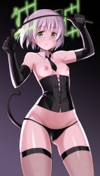 Rule 34 | &gt;:(, 1girl, animal ears, bad id, bad pixiv id, black gloves, black necktie, black thighhighs, breasts, cat ears, cat tail, corset, cowboy shot, detached collar, dominatrix, elbow gloves, fishnet thighhighs, fishnets, frown, glastonbury1966, gloves, gradient background, green eyes, holding, looking at viewer, necktie, nipples, revision, riding crop, sanya v. litvyak, short hair, silver hair, small breasts, solo, strike witches, tail, thighhighs, v-shaped eyebrows, world witches series