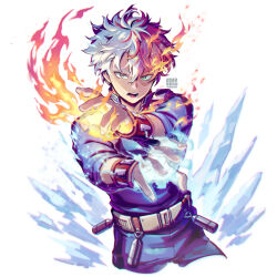 Rule 34 | 1boy, artist name, belt, blue eyes, boku no hero academia, burn scar, chromatic aberration, commentary, cropped legs, cryokinesis, dated, embers, fingernails, fire, fire, floating hair, grey eyes, halftone, heterochromia, high collar, highres, ice, looking at viewer, male focus, mecyo (mamezurushiki), mismatched eyebrows, multicolored hair, open mouth, outstretched arms, pyrokinesis, red hair, scar, scar on face, short hair, simple background, solo, split-color hair, todoroki shouto, two-tone hair, upper body, utility belt, white background, white hair, wrist guards