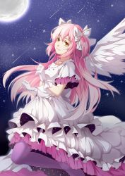 Rule 34 | 10s, 1girl, bow, brown eyes, dress, ello, feathered wings, frilled dress, frills, full moon, gloves, hair bow, hair ribbon, kaname madoka, long hair, looking at viewer, mahou shoujo madoka magica, mahou shoujo madoka magica (anime), moon, pantyhose, pink hair, ribbon, sky, smile, solo, star (sky), starry sky, two side up, ultimate madoka, white dress, white gloves, white wings, wings