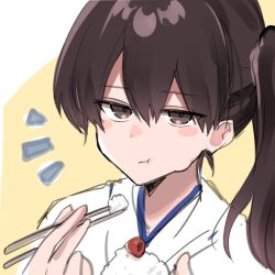 Rule 34 | 1girl, ^^^, bowl, brown eyes, brown hair, chopsticks, commentary request, eating, highres, japanese clothes, kaga (kancolle), kantai collection, katsuobushi (eba games), long hair, looking at viewer, rice, side ponytail, solo, upper body