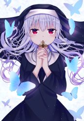 Rule 34 | 1girl, abstract background, arms up, bad id, bad pixiv id, black dress, black headwear, bug, butterfly, commentary, cross, cross necklace, dress, gradient background, habit, hair between eyes, highres, holding, holding cross, insect, interlocked fingers, jewelry, light particles, light purple hair, long hair, long sleeves, looking at viewer, necklace, nibosi, nun, original, own hands clasped, own hands together, red eyes, smile, solo, standing, upper body, very long hair