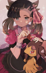 Rule 34 | 1girl, asymmetrical bangs, black hair, candy, chocolate, chocolate heart, commentary, creatures (company), dress, food, game freak, gen 3 pokemon, green eyes, hair ribbon, hand up, heart, highres, holding, holding chocolate, holding food, looking at viewer, marnie (palentine&#039;s 2022) (pokemon), marnie (pokemon), mawile, nintendo, official alternate costume, on lap, open mouth, pokemon, pokemon (creature), pokemon masters ex, pokemon on lap, red dress, revision, ribbon, short sleeves, twintails, two side up, umiru, upper body, valentine, wrist cuffs