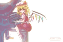 Rule 34 | 1girl, blonde hair, female focus, flandre scarlet, grand piano, hat, hat ribbon, instrument, mob cap, noorrzz, one side up, piano, ponytail, red eyes, ribbon, short hair, side ponytail, solo, touhou, wings