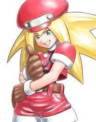 Rule 34 | 1girl, bad id, bad pixiv id, belt, blonde hair, brown gloves, buttons, capcom, gloves, green eyes, hand gesture, hand on own hip, hat, mega man (series), mega man legends (series), red shorts, roll caskett (mega man), shinonome (game hakkutsu tai), shorts, simple background, smile, solo, thumbs up, white background