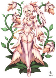 Rule 34 | 1girl, blue eyes, boots, breasts, character request, cleavage, collarbone, detached sleeves, female focus, flower, flytrap, full body, highres, large breasts, leaf, long hair, long legs, monster, monster girl, open mouth, original, plant, plant girl, ponytail, rose, sharp teeth, showgirl skirt, simple background, smile, solo, standing, star-shaped pupils, star (symbol), symbol-shaped pupils, teeth, thigh boots, thighhighs, vines, white background, zerg309